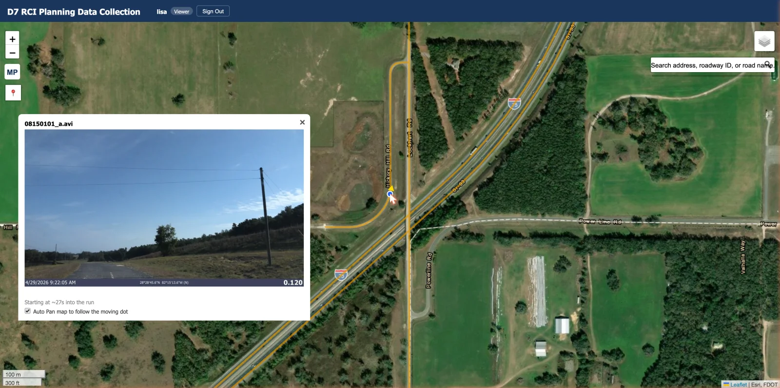 Route survey video player with moving dot